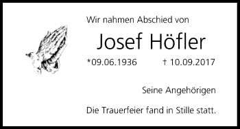 Traueranzeige von Josef Höfler