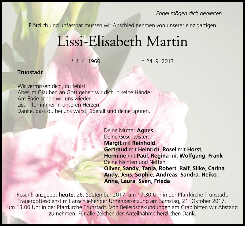  Traueranzeige für Lissi-Elisabeth Martin vom 26.09.2017 aus MGO