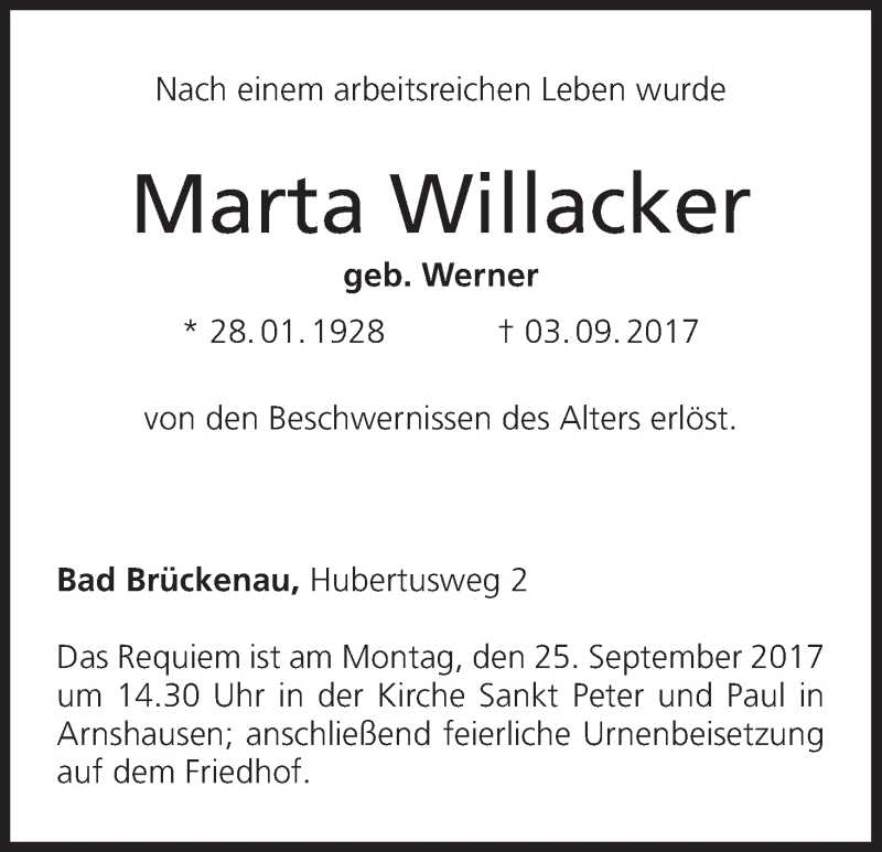  Traueranzeige für Marta Willacker vom 22.09.2017 aus MGO