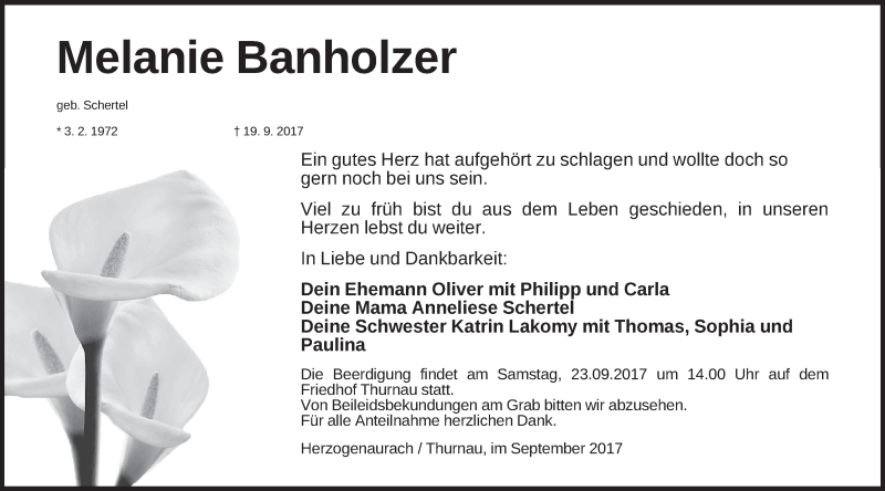  Traueranzeige für Melanie Banholzer vom 21.09.2017 aus MGO