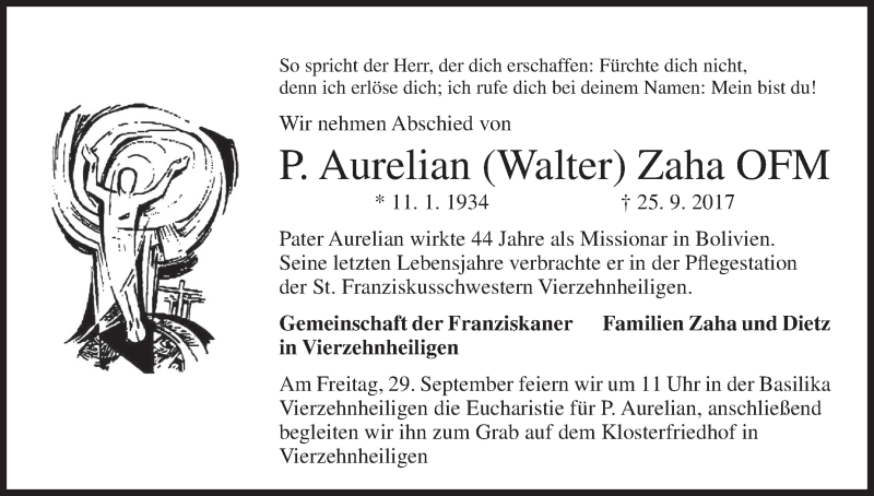  Traueranzeige für P. Aurelian Walter Zaha vom 27.09.2017 aus MGO
