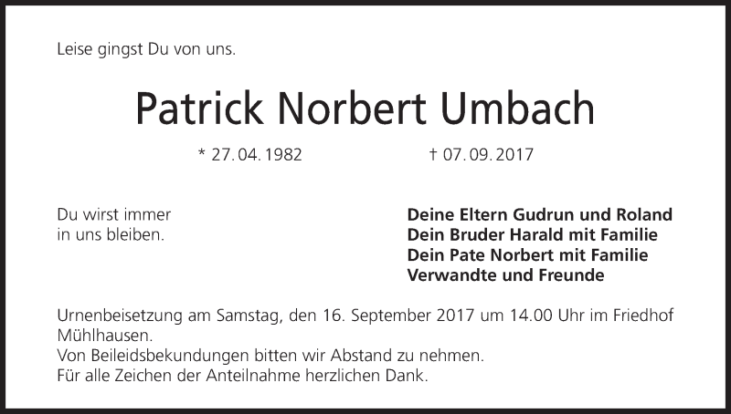  Traueranzeige für Patrick Norbert Umbach vom 14.09.2017 aus MGO