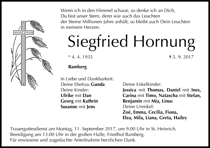  Traueranzeige für Siegfried Hornung vom 09.09.2017 aus MGO