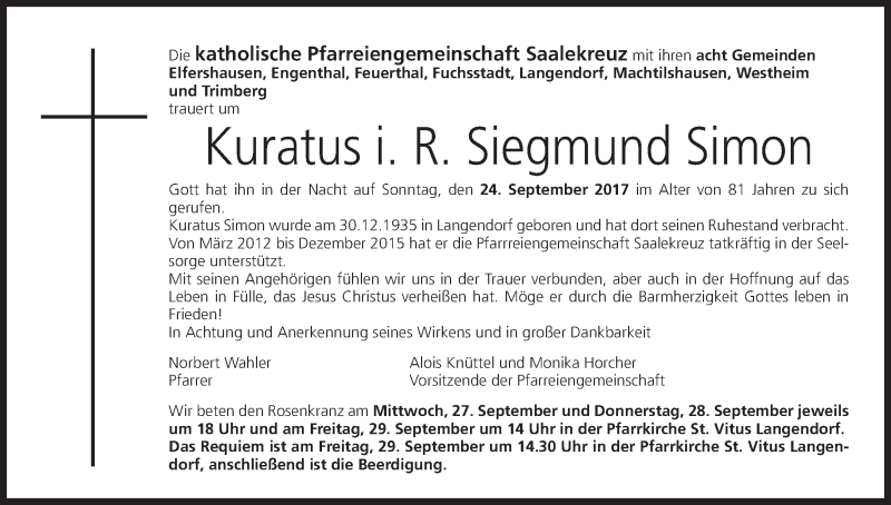  Traueranzeige für Siegmund Simon vom 26.09.2017 aus MGO