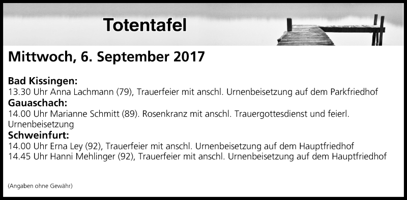  Traueranzeige für Totentafel vom 06.09.2017 vom 06.09.2017 aus MGO