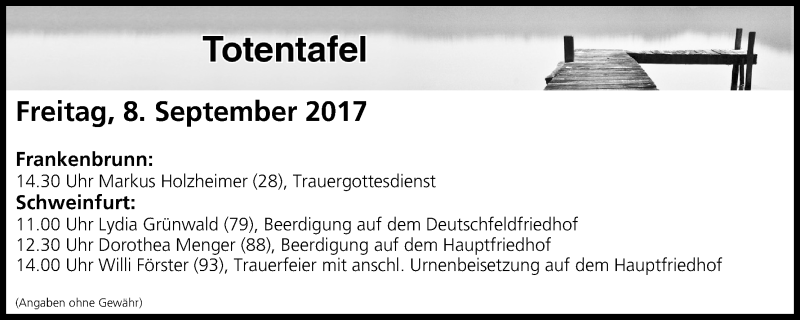  Traueranzeige für Totentafel vom 08.09.2017 vom 08.09.2017 aus MGO