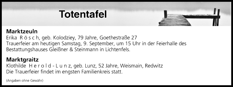  Traueranzeige für Totentafel vom 09.09.2017 vom 09.09.2017 aus MGO
