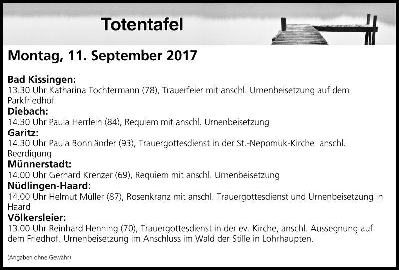  Traueranzeige für Totentafel vom 11.09.2017 vom 11.09.2017 aus MGO