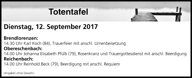  Traueranzeige für Totentafel vom 12.09.2017 vom 12.09.2017 aus MGO