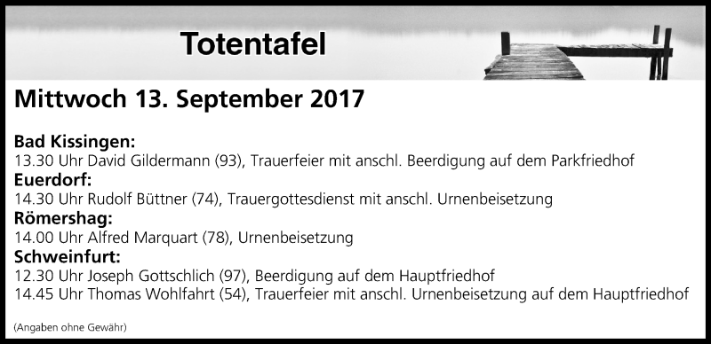 Traueranzeige für Totentafel vom 13.09.2017 vom 13.09.2017 aus MGO
