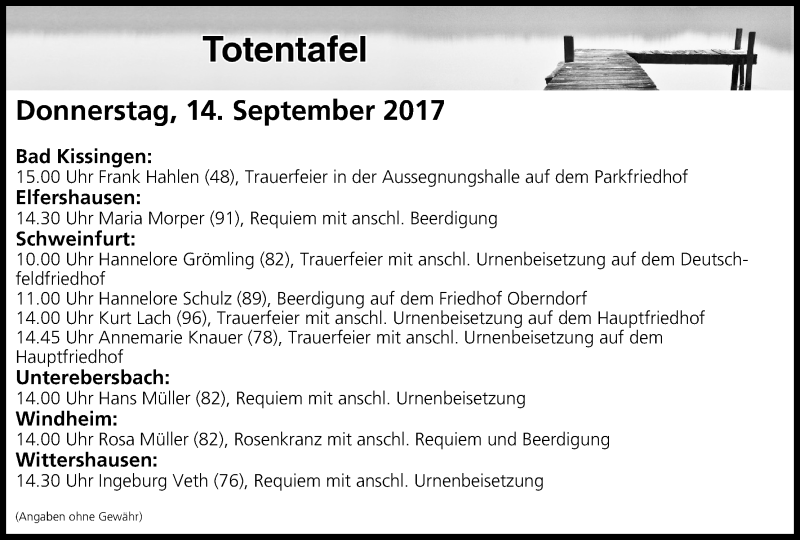  Traueranzeige für Totentafel vom 14.09.2017 vom 14.09.2017 aus MGO