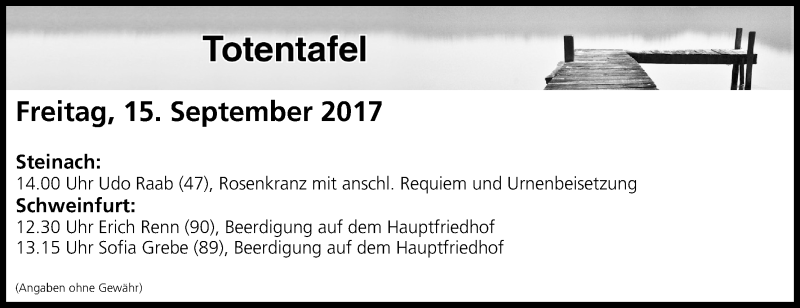 Traueranzeige für Totentafel vom 15.09.2017 vom 15.09.2017 aus MGO