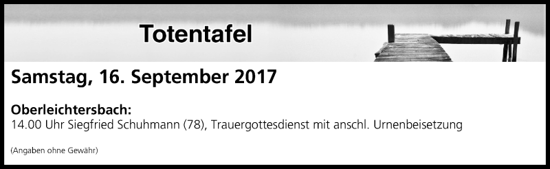  Traueranzeige für Totentafel vom 16.09.2017 vom 16.09.2017 aus MGO
