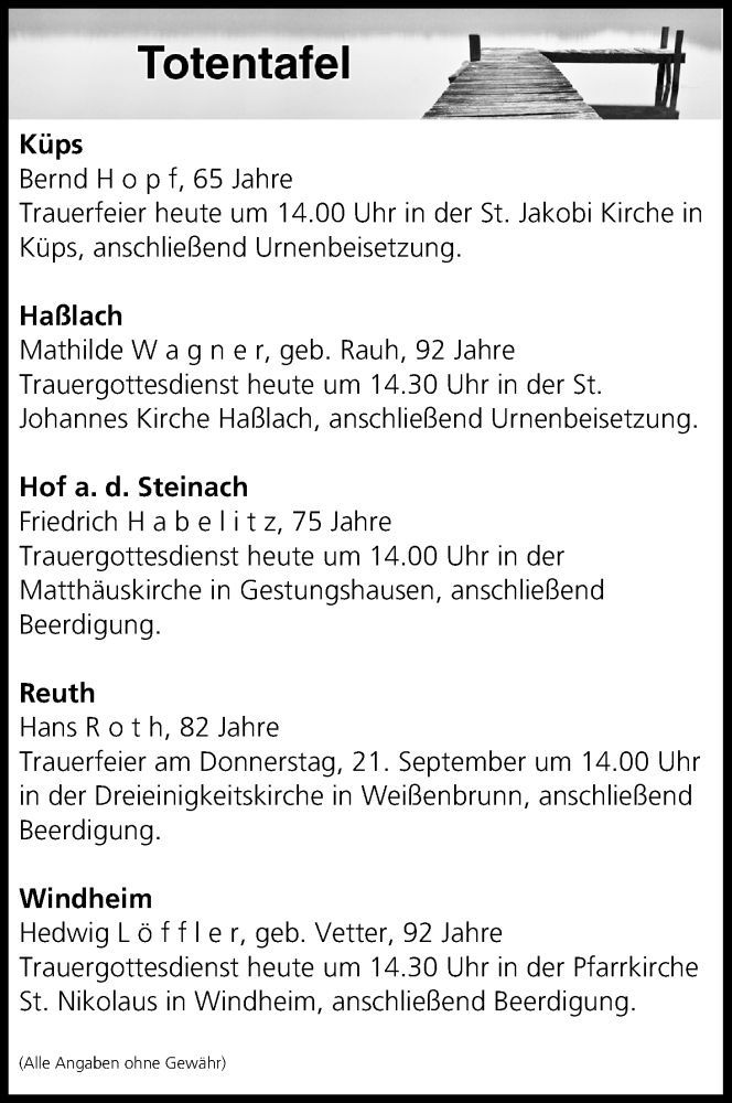  Traueranzeige für Totentafel vom 19.09.2017 vom 19.09.2017 aus MGO