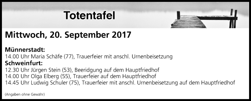  Traueranzeige für Totentafel vom 20.09.2017 vom 20.09.2017 aus MGO