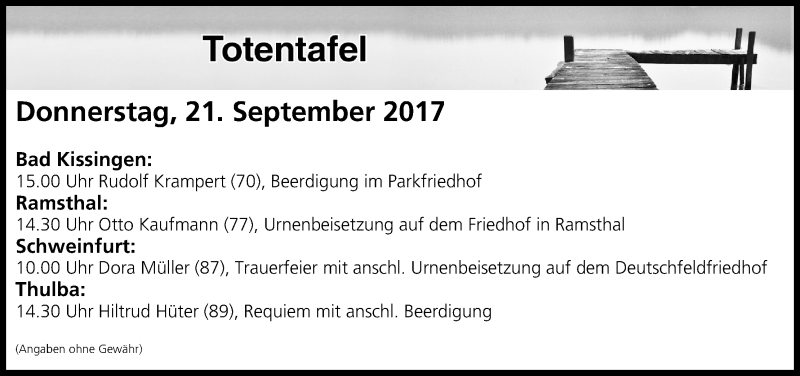  Traueranzeige für Totentafel vom 21.09.2017 vom 21.09.2017 aus MGO