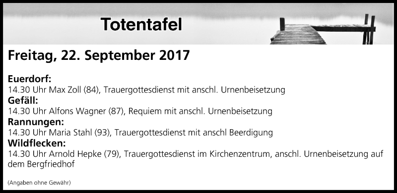  Traueranzeige für Totentafel vom 22.09.2017 vom 22.09.2017 aus MGO