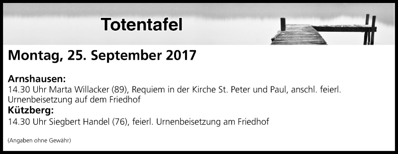  Traueranzeige für Totentafel vom 25.09.2017 vom 25.09.2017 aus MGO