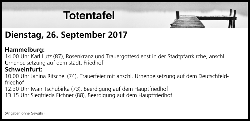  Traueranzeige für Totentafel vom 26.09.2017 vom 26.09.2017 aus MGO