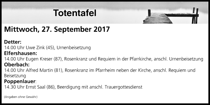  Traueranzeige für Totentafel vom 27.09.2017 vom 27.09.2017 aus MGO