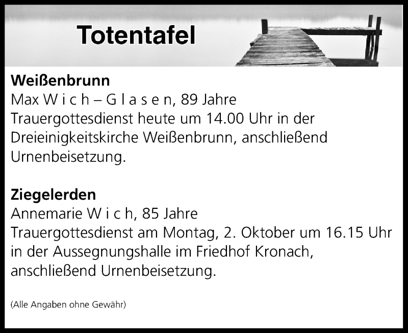  Traueranzeige für Totentafel vom 29.09.2017 vom 29.09.2017 aus MGO