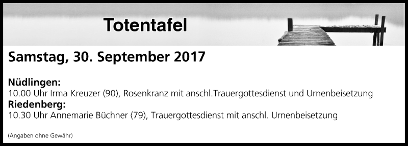  Traueranzeige für Totentafel vom 30.09.2017 vom 30.09.2017 aus MGO