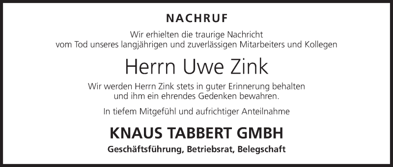  Traueranzeige für Uwe Zink vom 18.09.2017 aus MGO