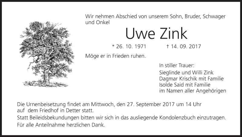  Traueranzeige für Uwe Zink vom 21.09.2017 aus MGO