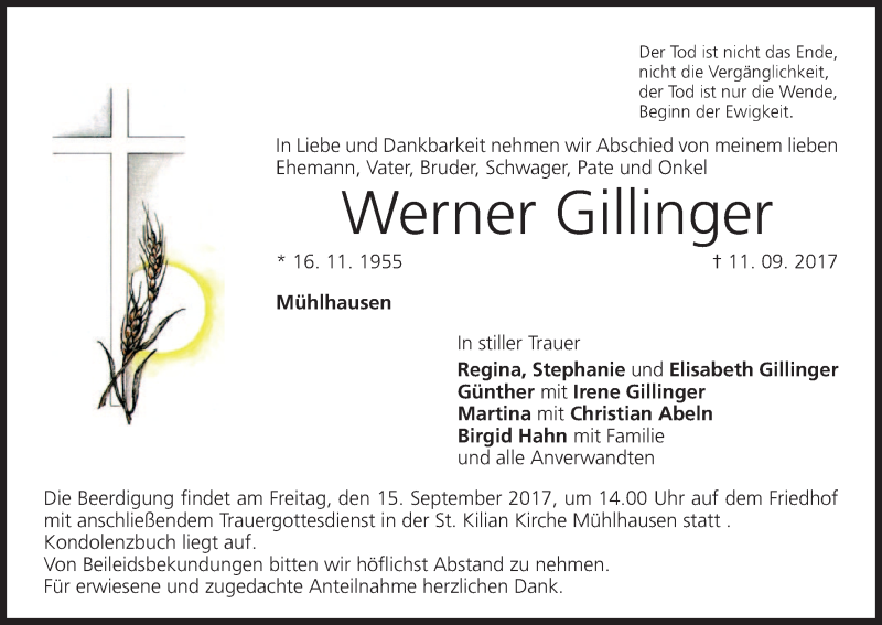  Traueranzeige für Werner Gillinger vom 13.09.2017 aus MGO