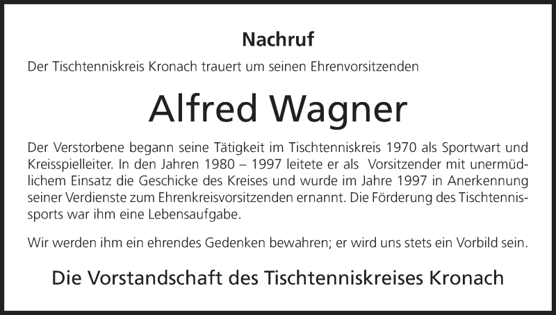  Traueranzeige für Alfred Wagner vom 02.01.2018 aus MGO