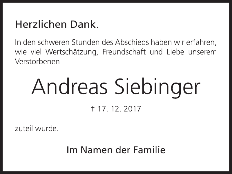 Traueranzeige für Andreas Siebinger vom 12.01.2018 aus MGO