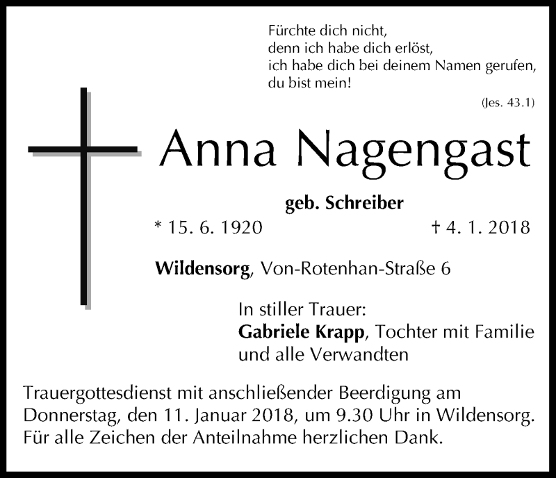  Traueranzeige für Anna Nagengast vom 08.01.2018 aus MGO