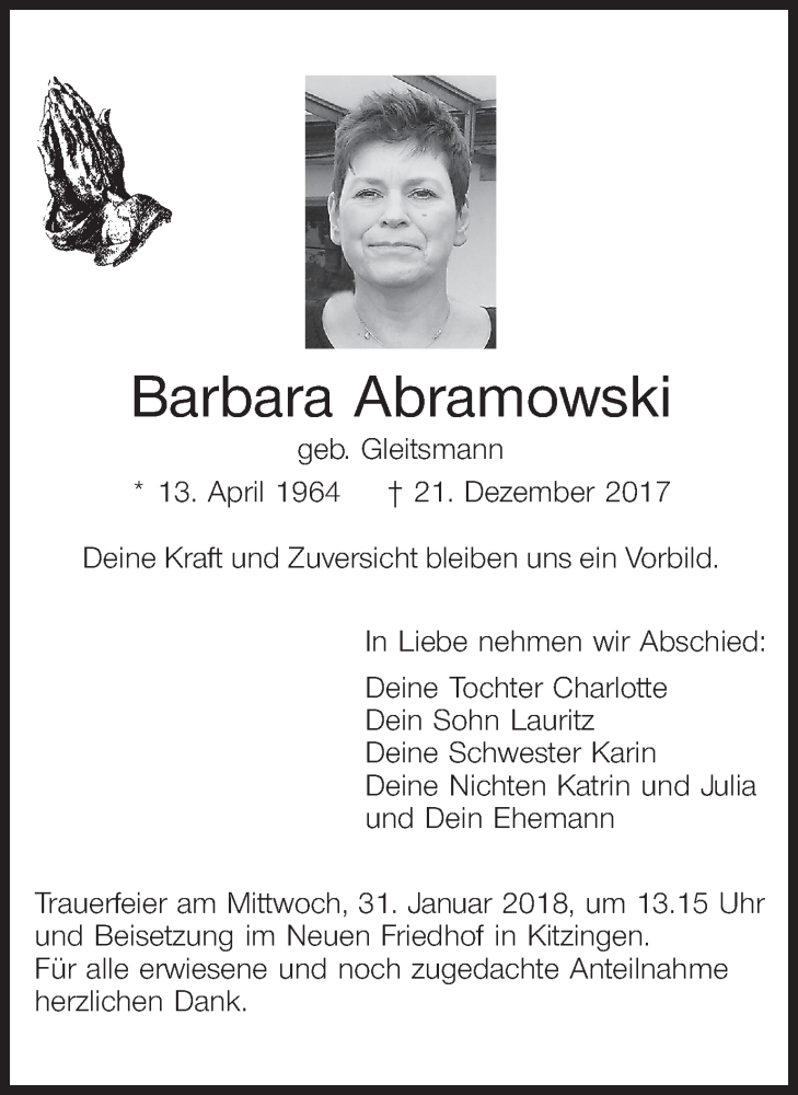 Traueranzeige für Barbara Abramowski vom 27.01.2018 aus MGO
