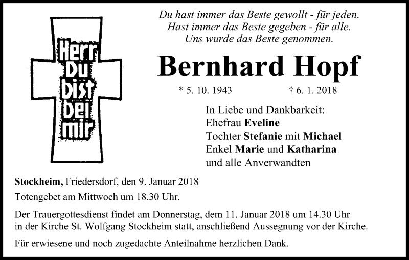  Traueranzeige für Bernhard Hopf vom 09.01.2018 aus MGO