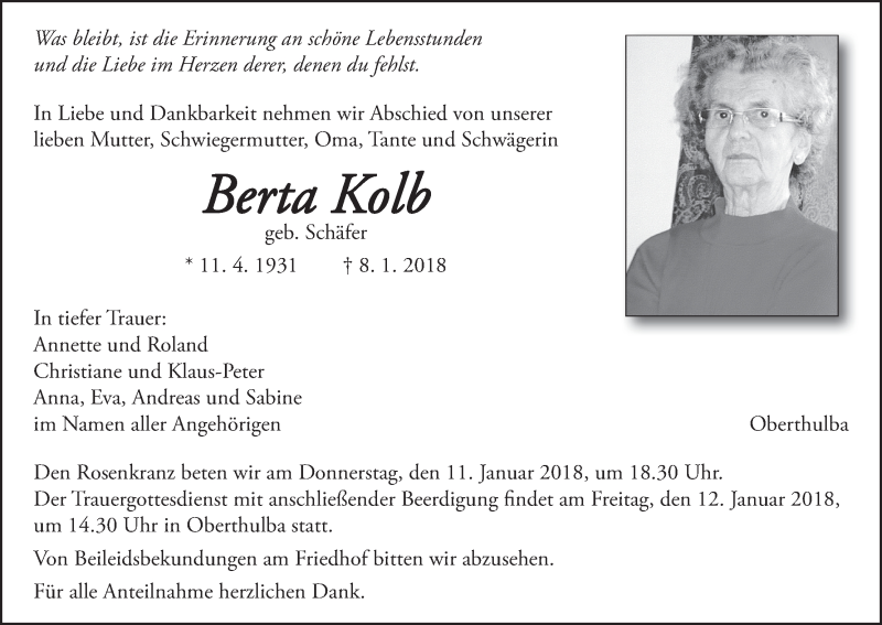  Traueranzeige für Berta Kolb vom 10.01.2018 aus MGO