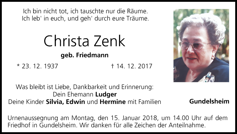  Traueranzeige für Christa Zenk vom 12.01.2018 aus MGO