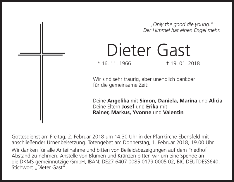  Traueranzeige für Dieter Gast vom 27.01.2018 aus MGO