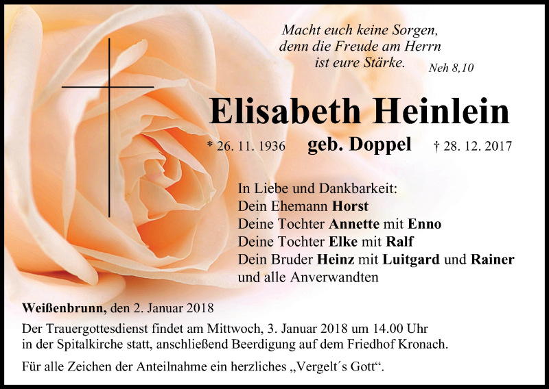  Traueranzeige für Elisabeth Heinlein vom 02.01.2018 aus MGO