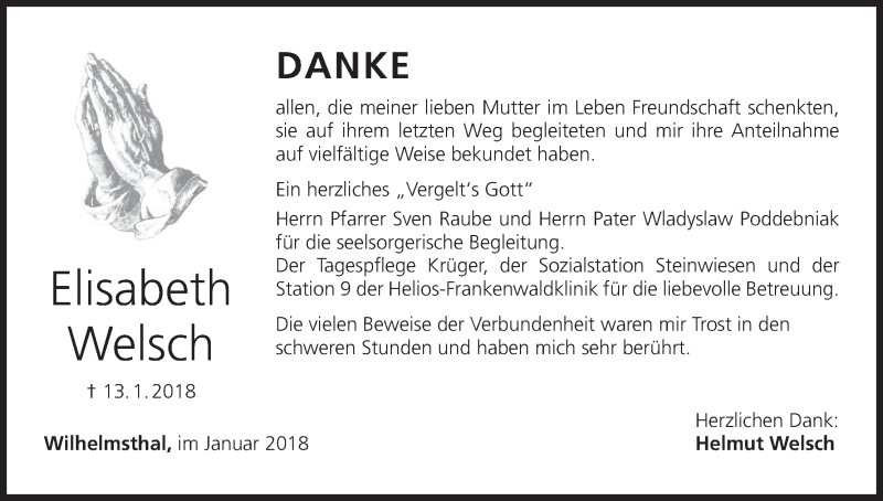  Traueranzeige für Elisabeth Welsch vom 30.01.2018 aus MGO