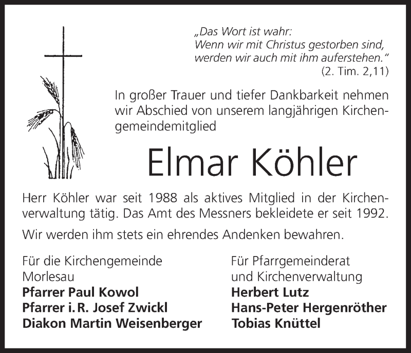  Traueranzeige für Elmar Köhler vom 29.01.2018 aus MGO