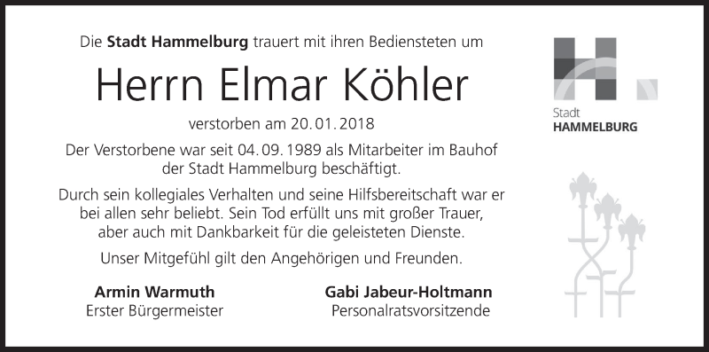  Traueranzeige für Elmar Köhler vom 27.01.2018 aus MGO