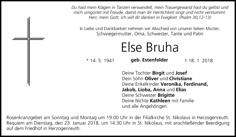  Traueranzeige für Else Bruha vom 20.01.2018 aus MGO
