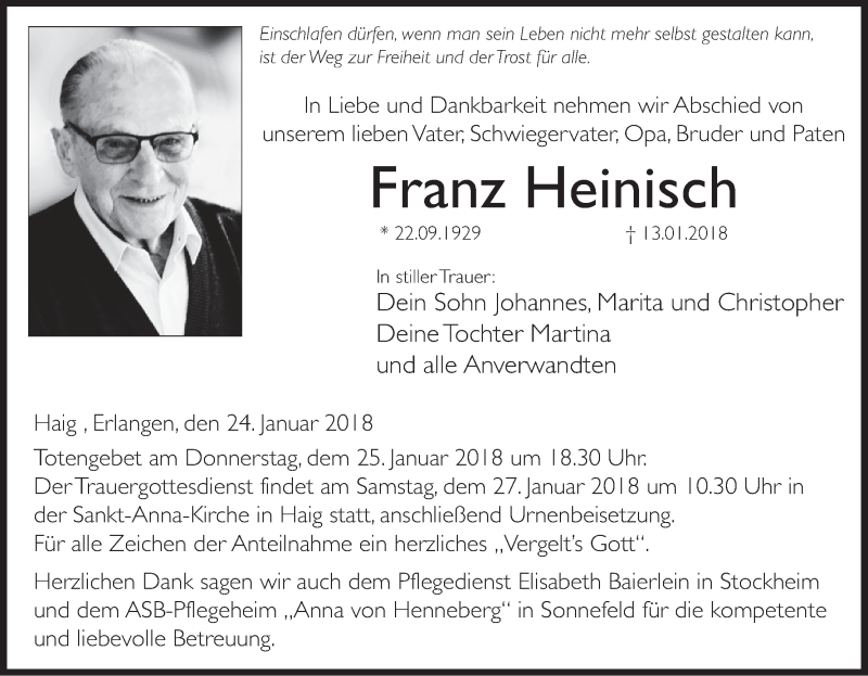  Traueranzeige für Franz Heinisch vom 24.01.2018 aus MGO