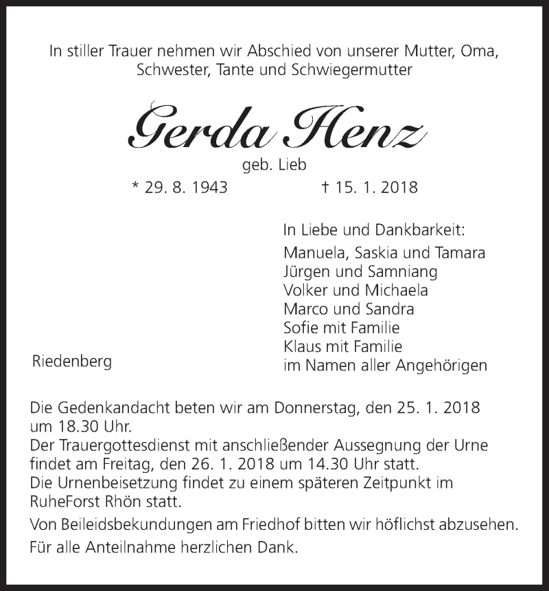  Traueranzeige für Gerda Henz vom 22.01.2018 aus MGO