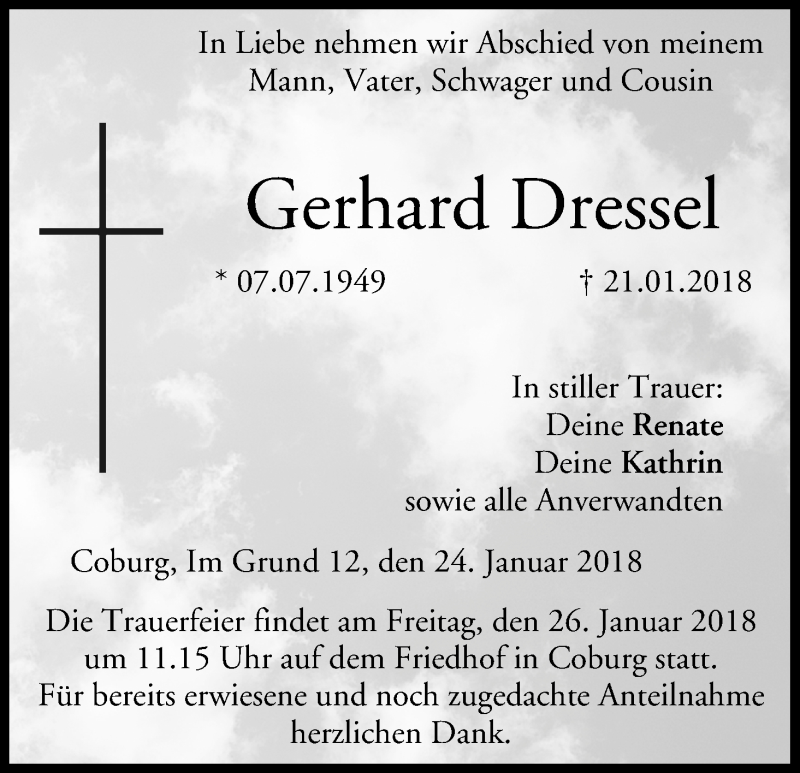  Traueranzeige für Gerhard Dressel vom 24.01.2018 aus MGO