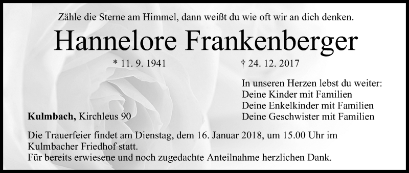  Traueranzeige für Hannelore Frankenberger vom 13.01.2018 aus MGO