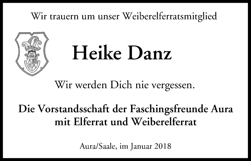 Traueranzeige für Heike Danz vom 10.01.2018 aus MGO