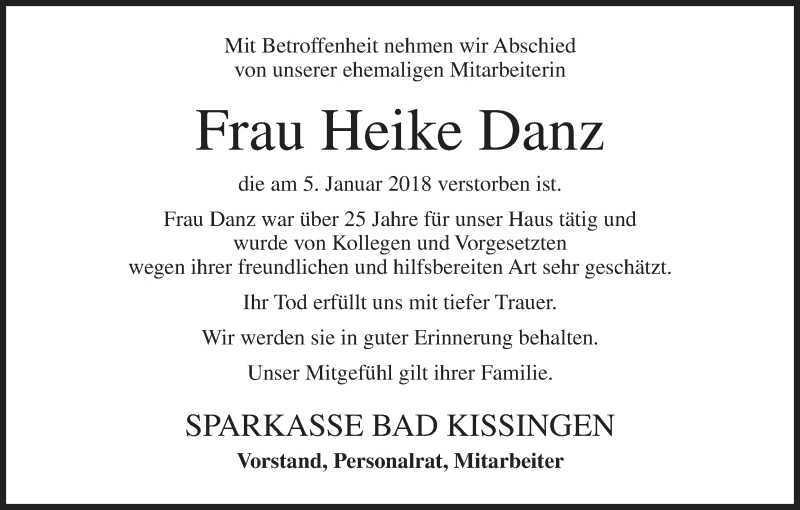  Traueranzeige für Heike Danz vom 10.01.2018 aus MGO