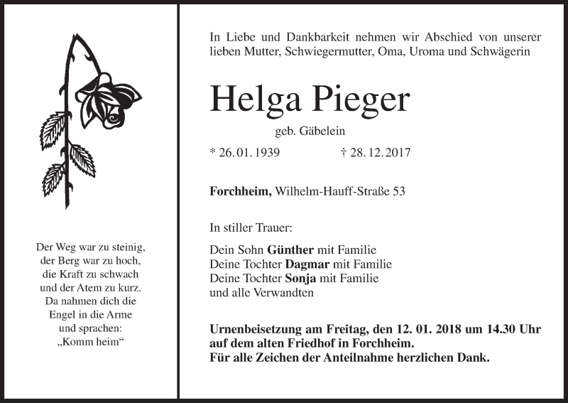  Traueranzeige für Helga Pieger vom 05.01.2018 aus MGO