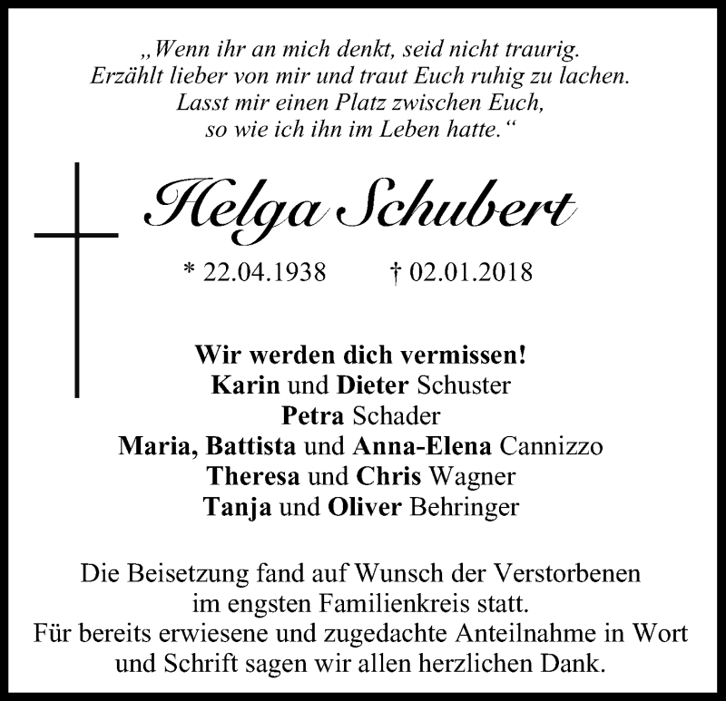  Traueranzeige für Helga Schubert vom 13.01.2018 aus MGO